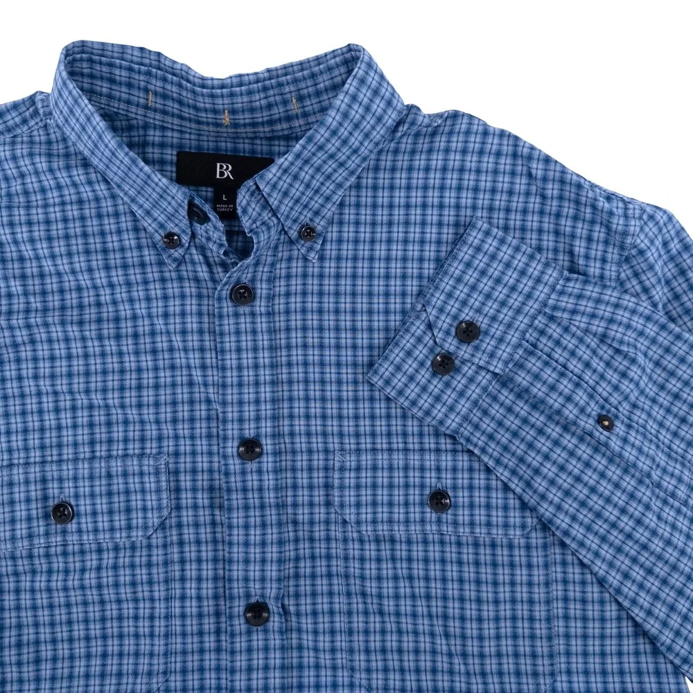 Banana Republic Men's Large Textured Utility Cotton Blue‎ Plaid Button Up Shirt